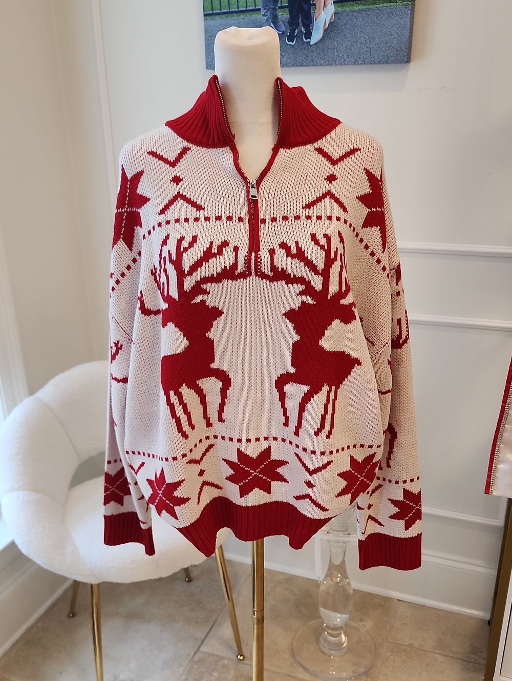 Cream & Red Reindeer Half-Zip Turtleneck Sweater